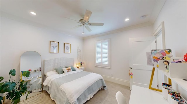 140E Mcgregor Ave S, Mobile, AL 36608 - bedroom featuring recessed lighting, light carpet, crown molding, and ceiling fan