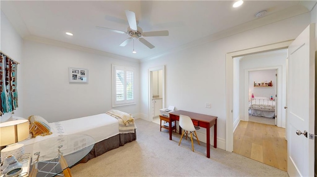 140E Mcgregor Ave S, Mobile, AL 36608 - bedroom with ornamental molding, light colored carpet, recessed lighting, a ceiling fan, and baseboards