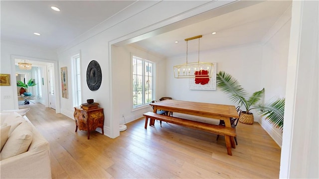 140E Mcgregor Ave S, Mobile, AL 36608 - dining space featuring a chandelier, crown molding, light wood-type flooring, baseboards, and recessed lighting