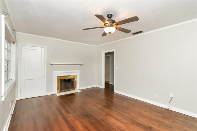 unfurnished living room featuring visible vents, a fireplace with flush hearth, ceiling fan, ornamental molding, and wood finished floors