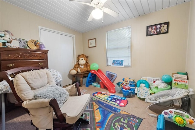 game room featuring ceiling fan and carpet flooring