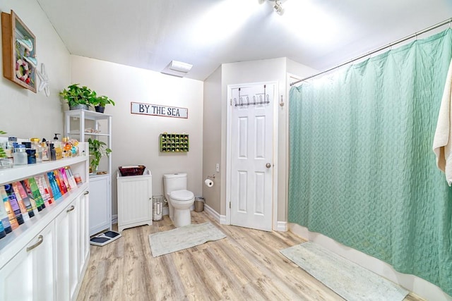 4698 Clarendon Dr, Mobile, AL 36619 - full bathroom featuring toilet, baseboards, wood finished floors, and a shower with shower curtain