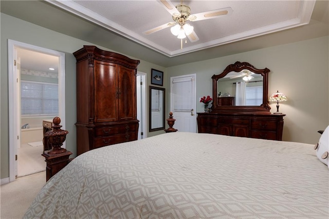 bedroom with light carpet and ceiling fan