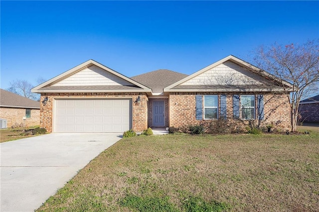 single story home featuring a garage and a front lawn