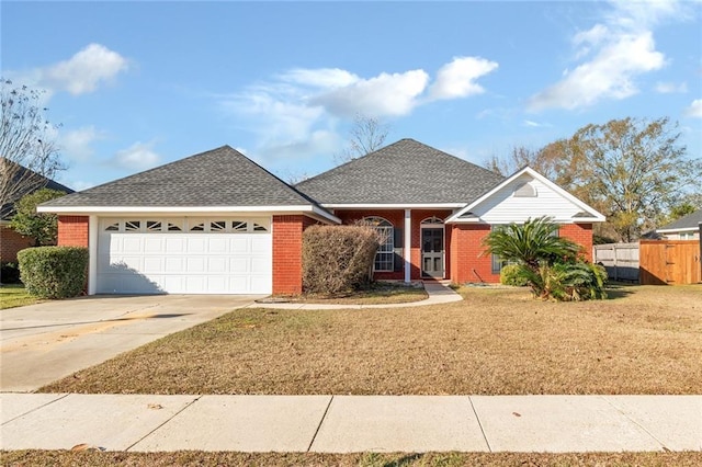 ranch-style home with a garage and a front yard