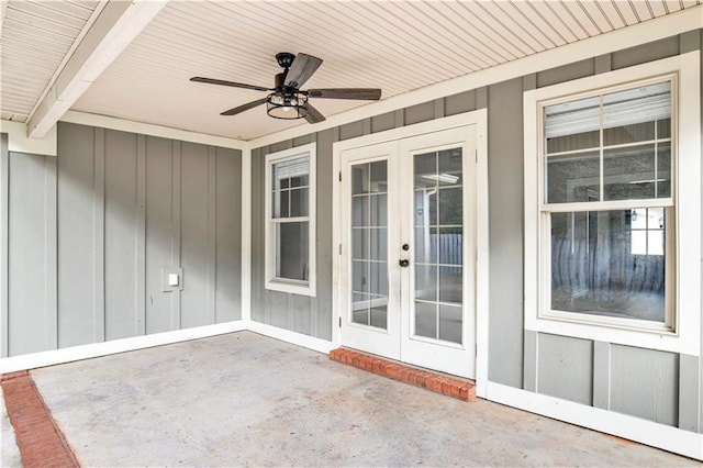 exterior space with ceiling fan, a patio, and french doors