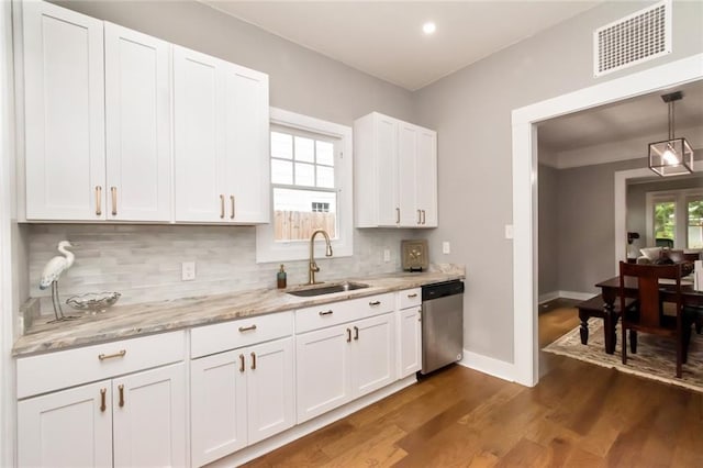 kitchen with visible vents, a sink, dark wood-style floors, white cabinetry, and dishwasher