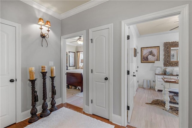 corridor with ornamental molding and light wood-type flooring