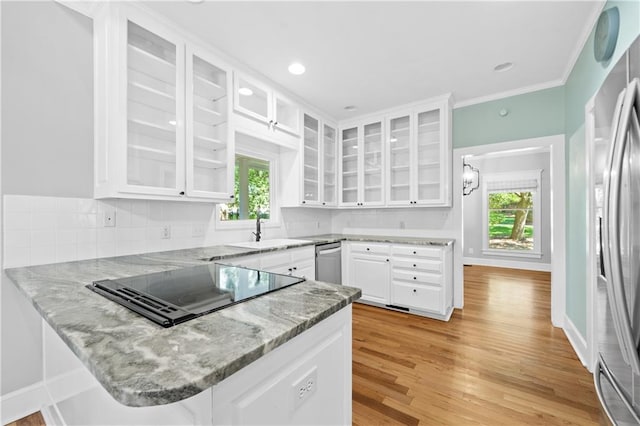 kitchen featuring white cabinets, a wealth of natural light, light wood-type flooring, and stainless steel appliances