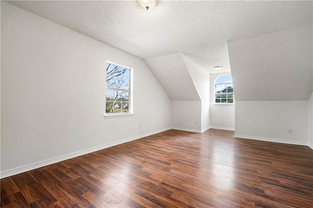 additional living space featuring lofted ceiling, a textured ceiling, and dark hardwood / wood-style flooring