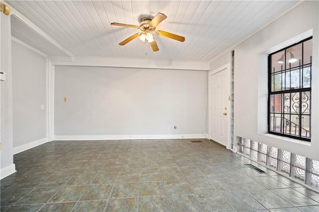 spare room featuring crown molding, wooden ceiling, and ceiling fan