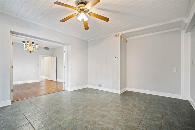 spare room featuring wood ceiling and ceiling fan with notable chandelier