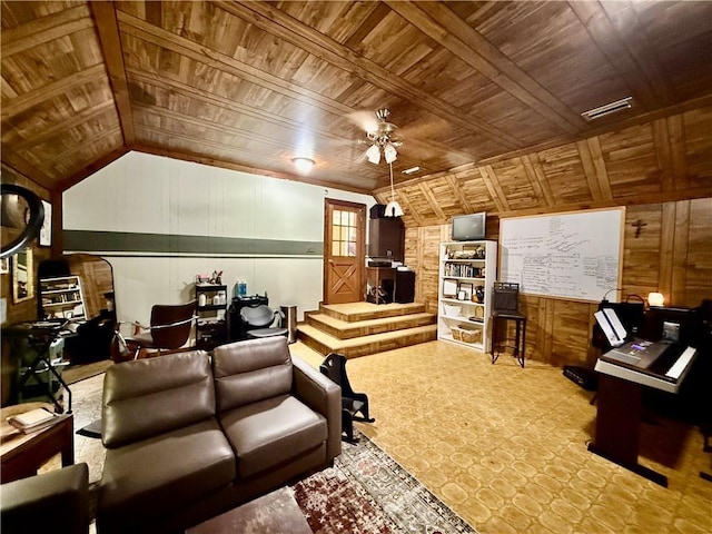 7020 Moffett Rd, Mobile, AL 36618 - home theater room featuring wooden ceiling, wood walls, ceiling fan, and vaulted ceiling