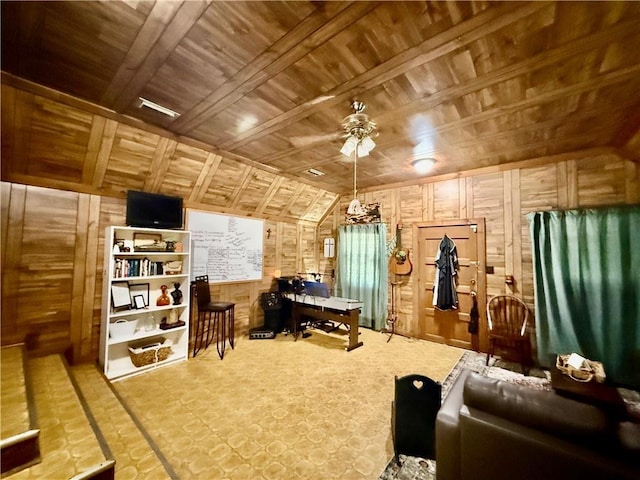 7020 Moffett Rd, Mobile, AL 36618 - rec room featuring wood ceiling, wood walls, a ceiling fan, and vaulted ceiling