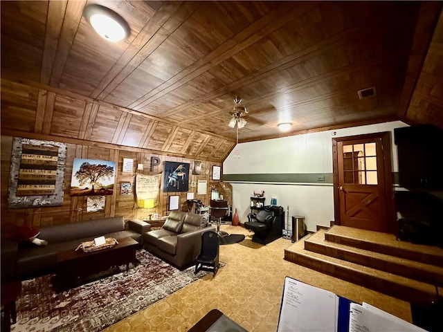 7020 Moffett Rd, Mobile, AL 36618 - carpeted cinema with wood ceiling, ceiling fan, and wooden walls