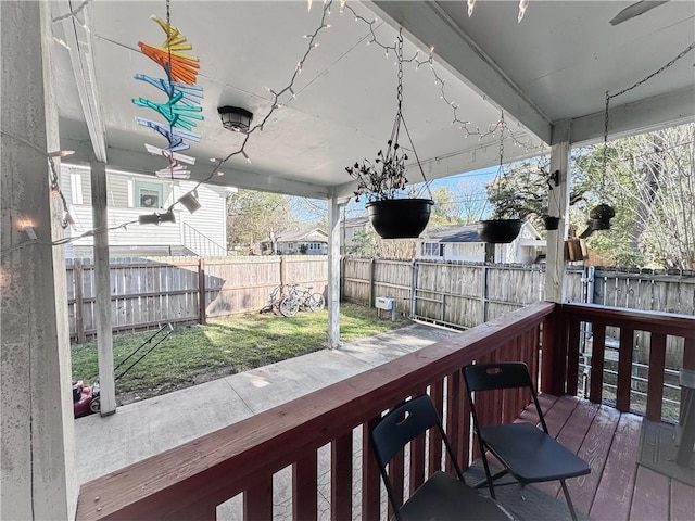 wooden deck with a fenced backyard