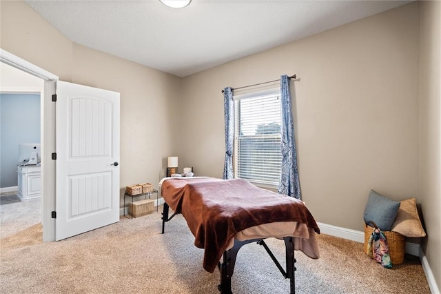 bedroom featuring light colored carpet