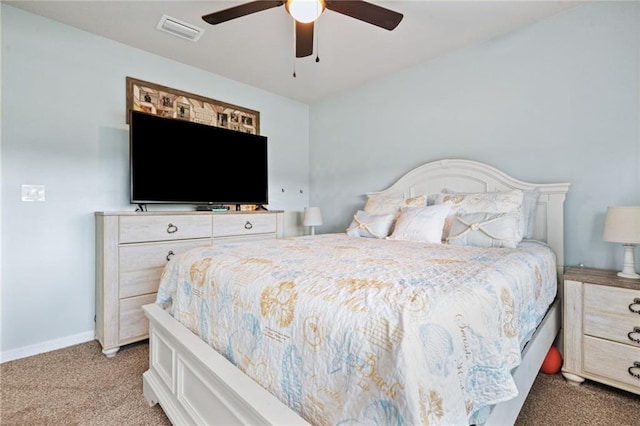 2526 Windmere Dr E, Semmes, AL 36575 - bedroom with baseboards, light carpet, a ceiling fan, and visible vents