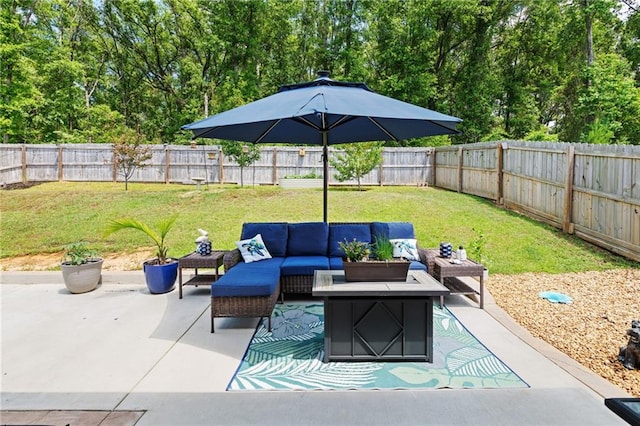 2526 Windmere Dr E, Semmes, AL 36575 - view of patio / terrace with a fenced backyard and an outdoor living space with a fire pit