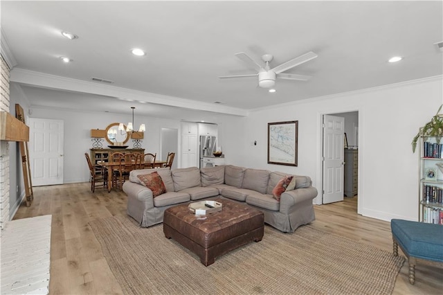 4689 Oak Ridge Rd, Mobile, AL 36609 - living area with ceiling fan, crown molding, light wood-type flooring, a chandelier, and recessed lighting