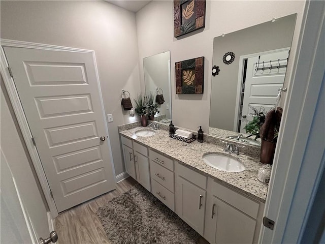 bathroom featuring double vanity, wood finished floors, and a sink