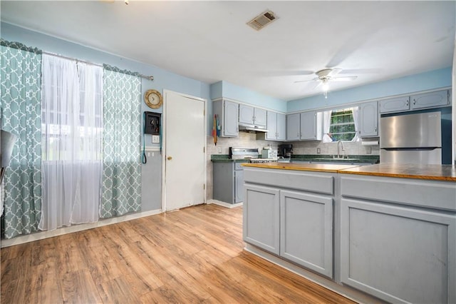8920A Chunchula-Georgetown Rd, Chunchula, AL 36521 - kitchen featuring a ceiling fan, visible vents, gray cabinetry, stainless steel fridge, and wood counters