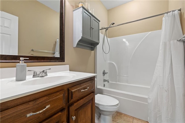 full bathroom with shower / tub combo with curtain, vanity, toilet, and tile patterned floors