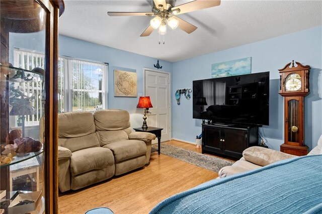 living room with ceiling fan and hardwood / wood-style floors