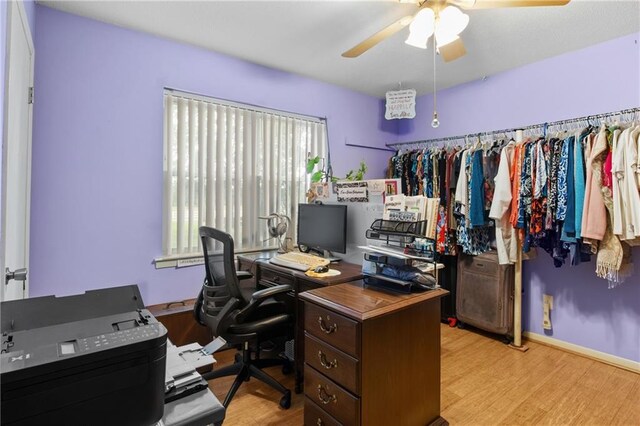 office area featuring light hardwood / wood-style floors and ceiling fan