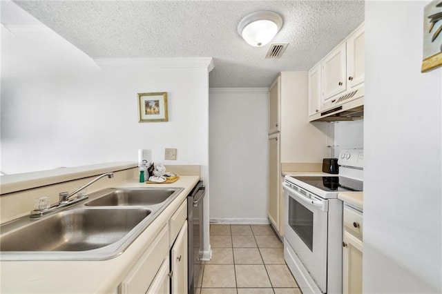 kitchen featuring sink, white cabinetry, white appliances, light tile patterned floors, and crown molding