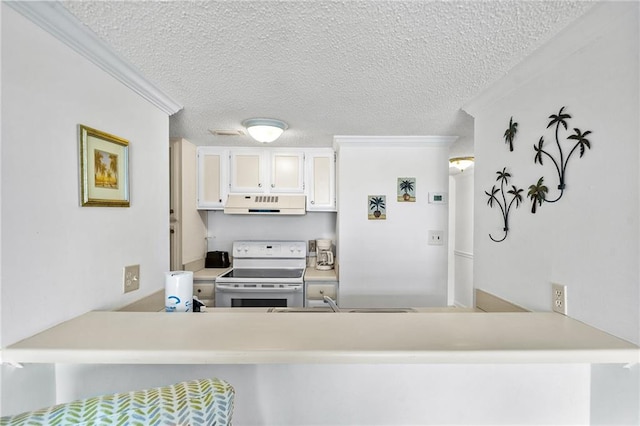 kitchen with white cabinets, kitchen peninsula, a textured ceiling, extractor fan, and white electric stove