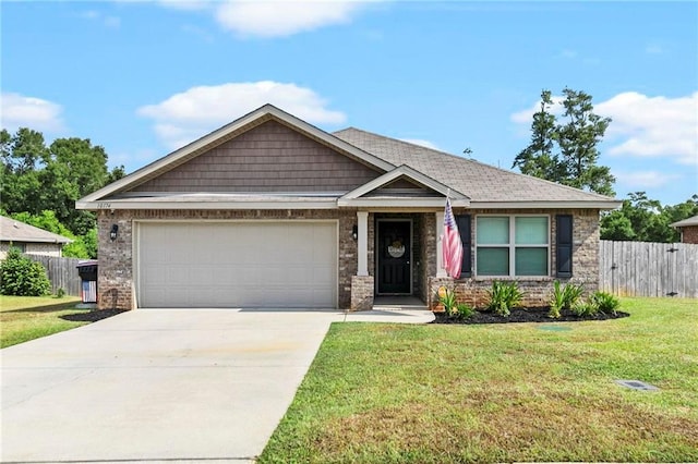 craftsman house featuring a garage, a front yard, fence, and driveway