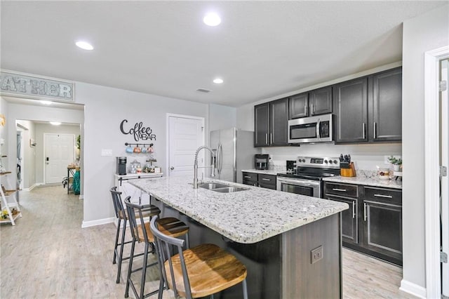 kitchen featuring light wood-style flooring, stainless steel appliances, a sink, an island with sink, and a kitchen bar