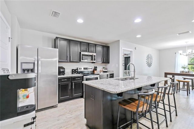 kitchen with visible vents, stainless steel appliances, light wood-type flooring, a kitchen bar, and a sink