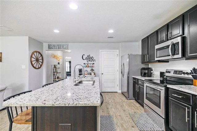 kitchen featuring visible vents, light wood-style flooring, appliances with stainless steel finishes, a kitchen island with sink, and a sink