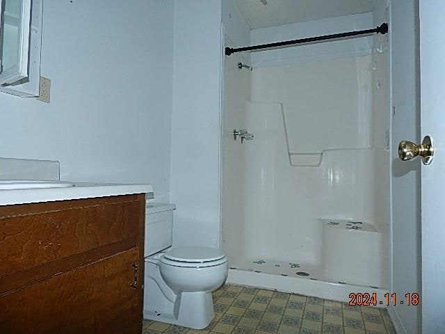 bathroom featuring vanity, toilet, and walk in shower