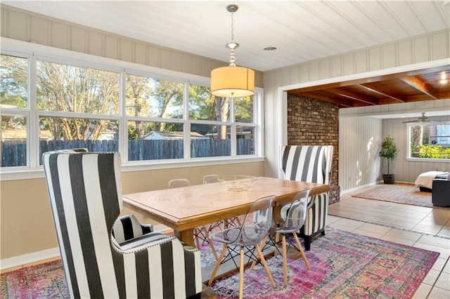 dining area featuring tile patterned floors, wood ceiling, and a wealth of natural light