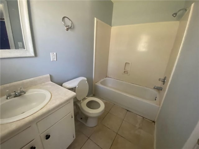 bathroom with vanity, shower / bathing tub combination, toilet, and tile patterned floors