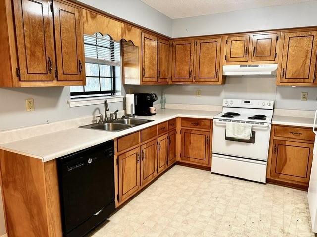 kitchen with white electric range, a sink, under cabinet range hood, light floors, and dishwasher