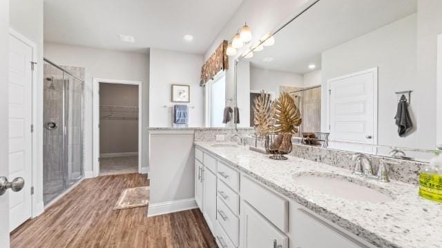 bathroom with a shower stall, wood finished floors, double vanity, and a sink