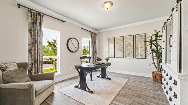 office space with a barn door, wood finished floors, baseboards, and ornamental molding