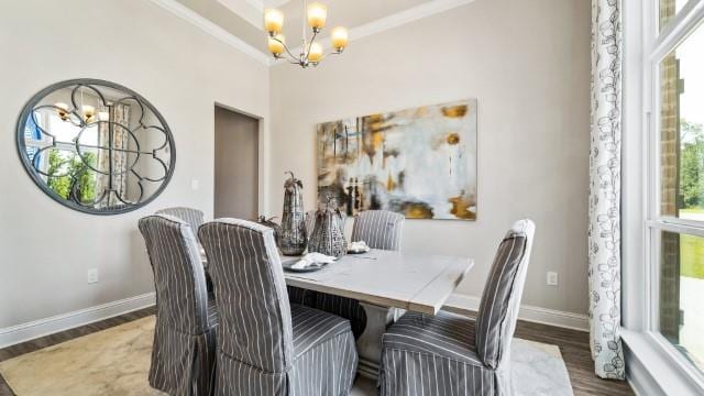 dining room featuring a chandelier, ornamental molding, baseboards, and wood finished floors