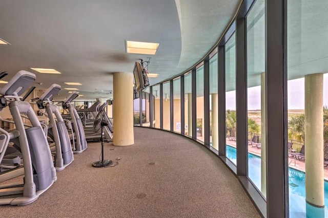 gym with expansive windows and carpet