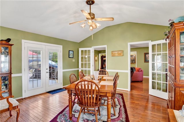 2805 Brookside Dr, Mobile, AL 36693 - dining space with hardwood / wood-style floors, ceiling fan, lofted ceiling, and french doors