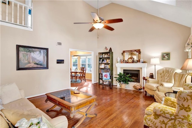 2805 Brookside Dr, Mobile, AL 36693 - living room featuring ceiling fan, high vaulted ceiling, and hardwood / wood-style flooring