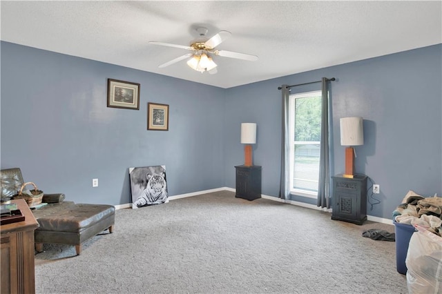 living area featuring carpet floors, a wood stove, a ceiling fan, and baseboards