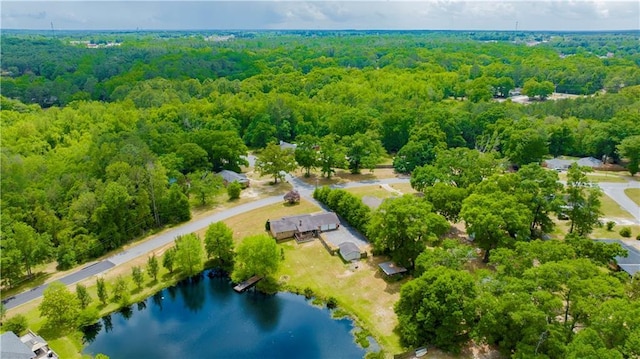 birds eye view of property featuring a wooded view and a water view