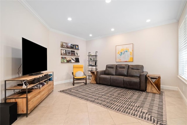 tiled living room with crown molding