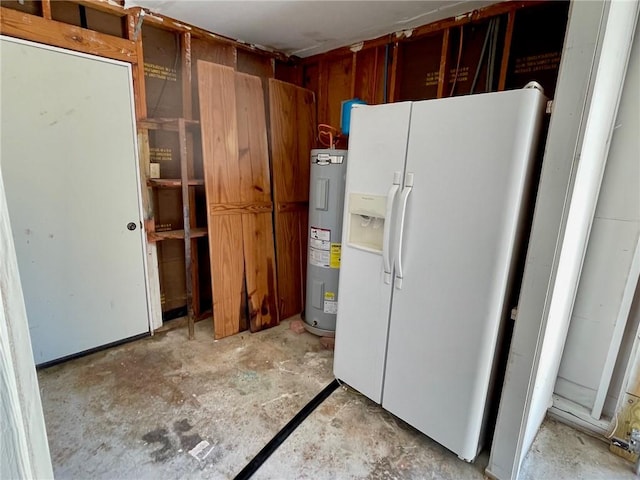 interior space with water heater and white refrigerator with ice dispenser