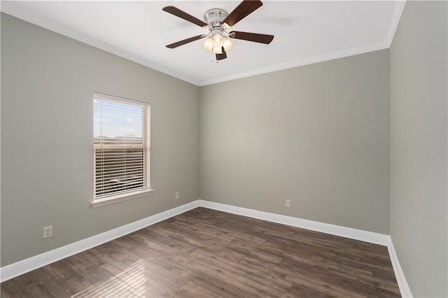 unfurnished room featuring ornamental molding, dark hardwood / wood-style floors, and ceiling fan